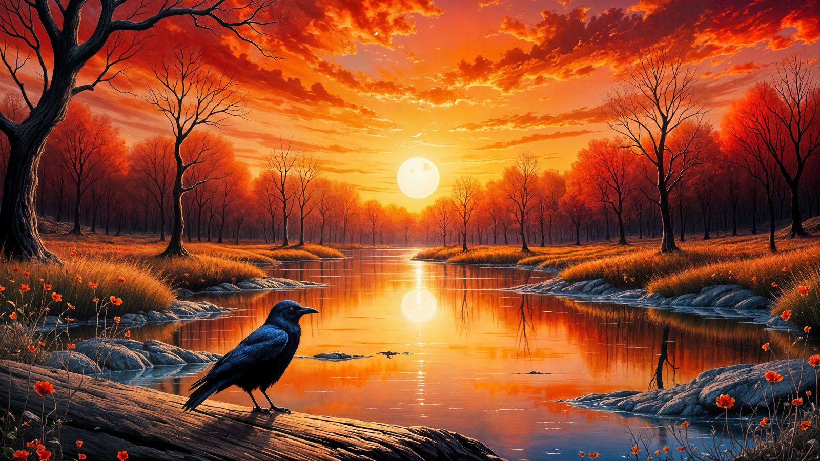 Solitary Crow at Dusk: Impasto Painting