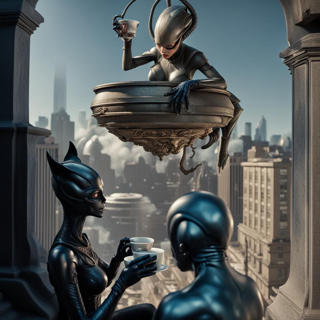 Catwoman and Alien Tea Party in 3D