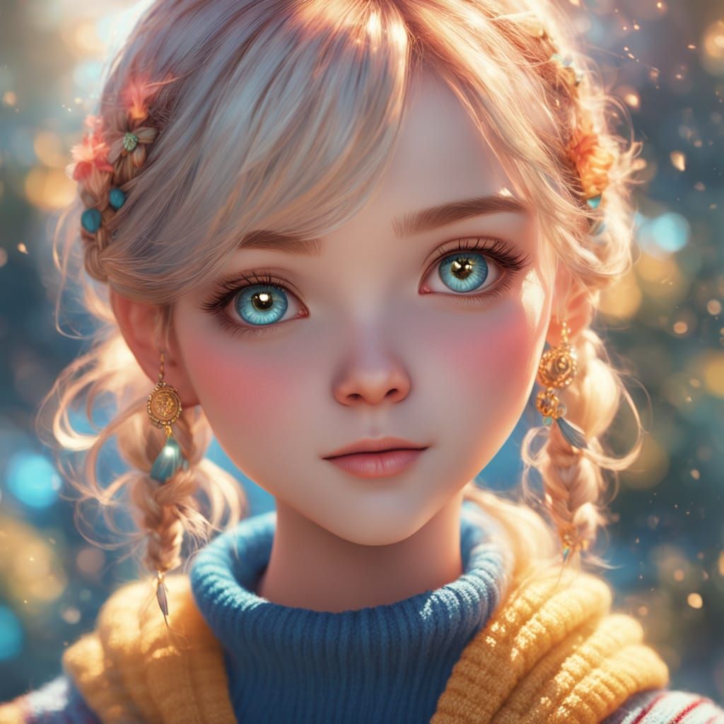 Child with Blond Pigtails in Whimsical Style