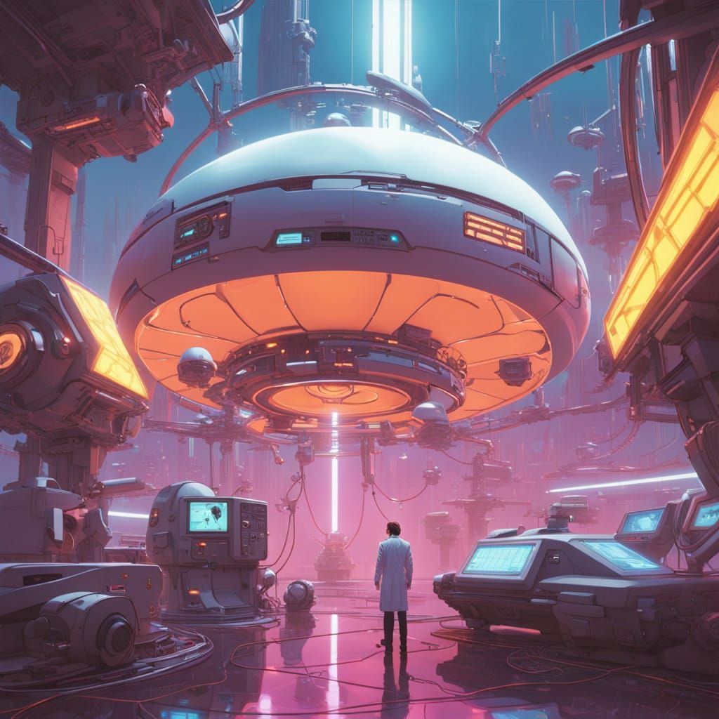 Futuristic Laboratory with Brilliant Scientist and Glowing Q...