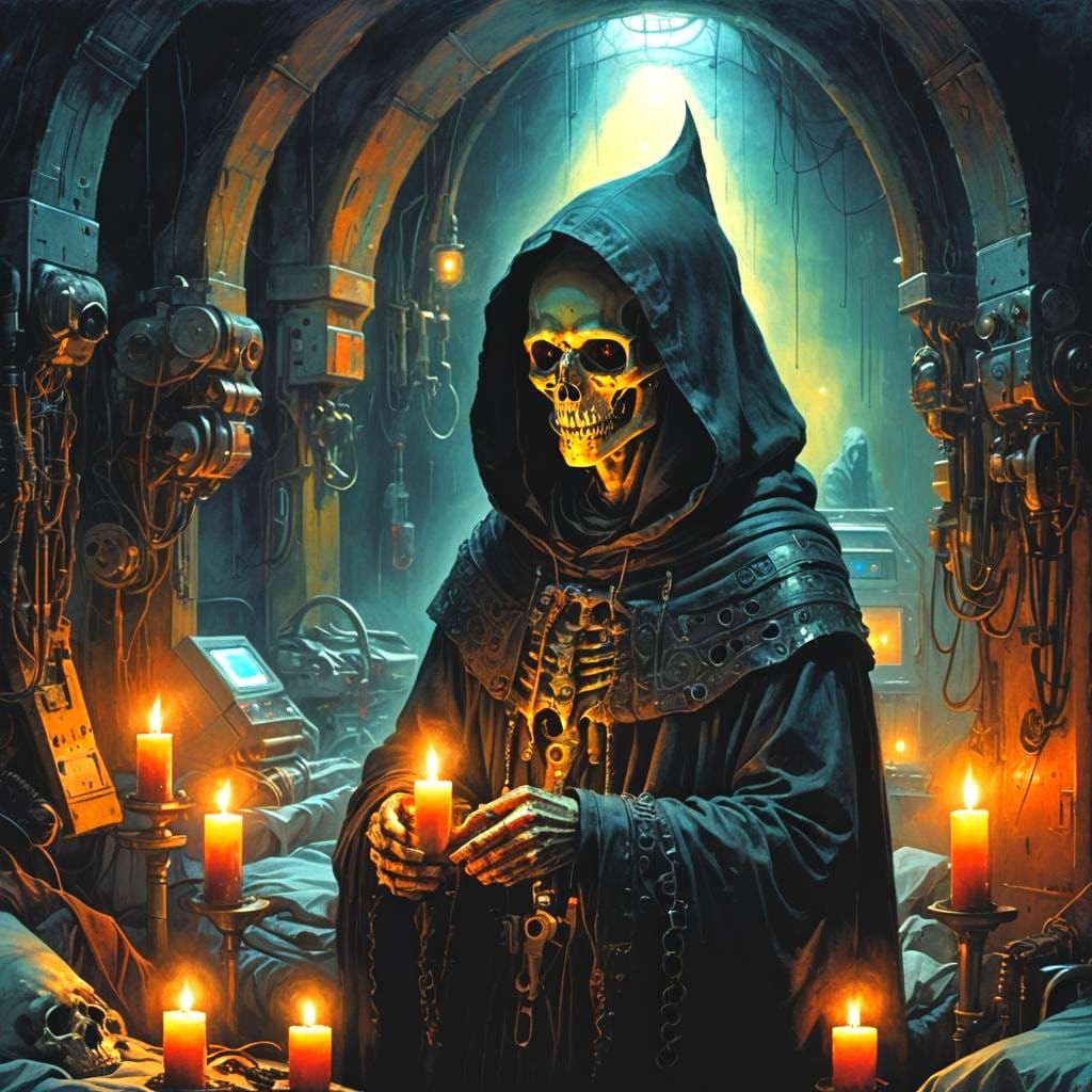 The Grim Reaper Watches Over a Dying Man