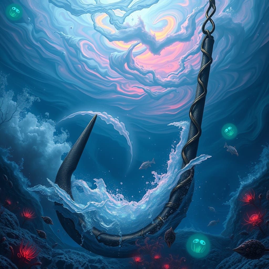 Ancient Fishing Hook in Iridescent Ocean