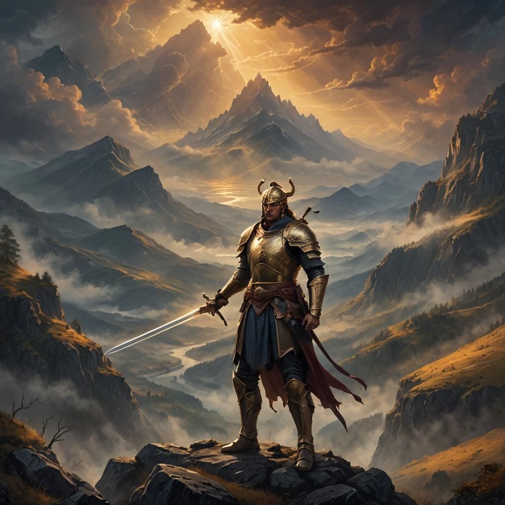 Noble Warrior in Misty Landscape, Epic Fantasy Art