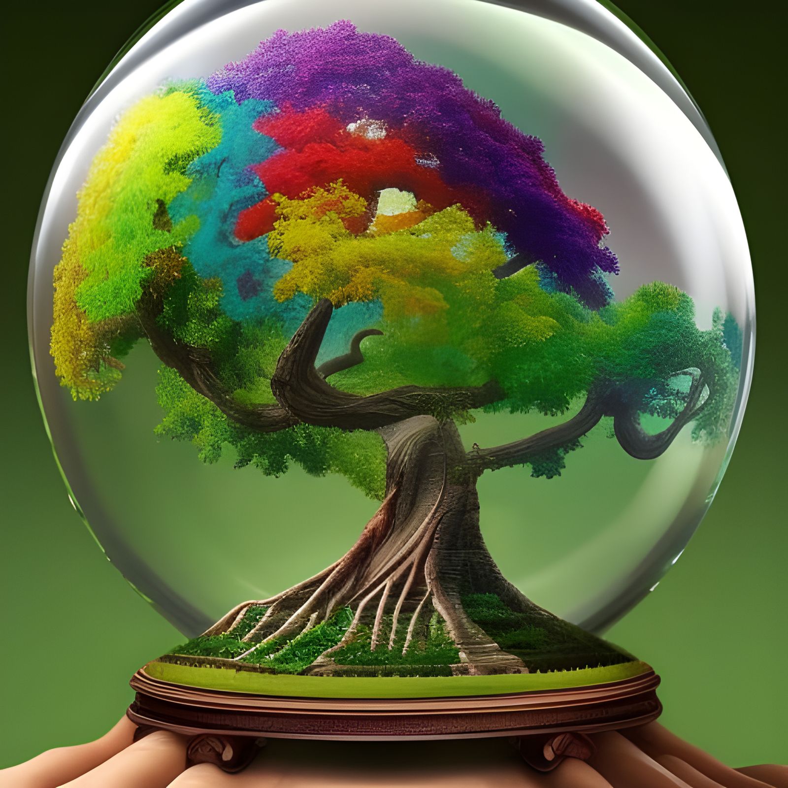 Rainbow Unicorn Tree in Glass Dome: Detailed Fantasy Art