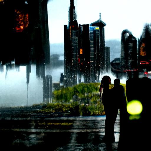 rainy dark future city as the background 8k, woman and a man...