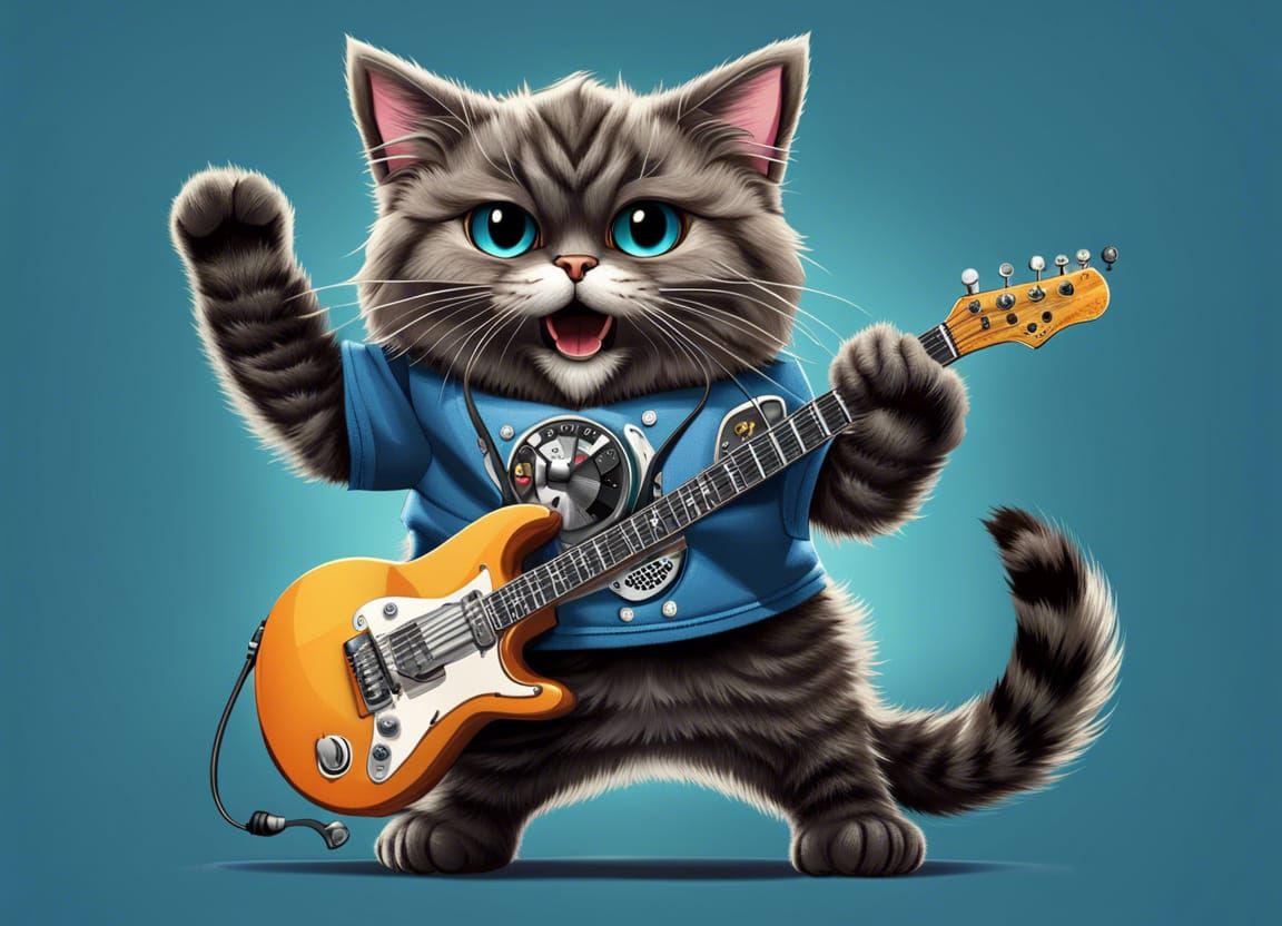 Fluffy Cat Rocking Out on Air Guitar