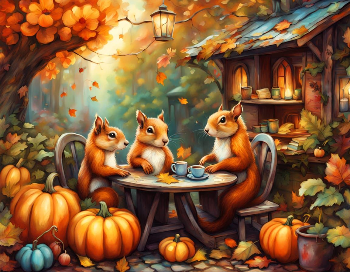 Squirrels' Autumn Coffee Break in Diorama Style