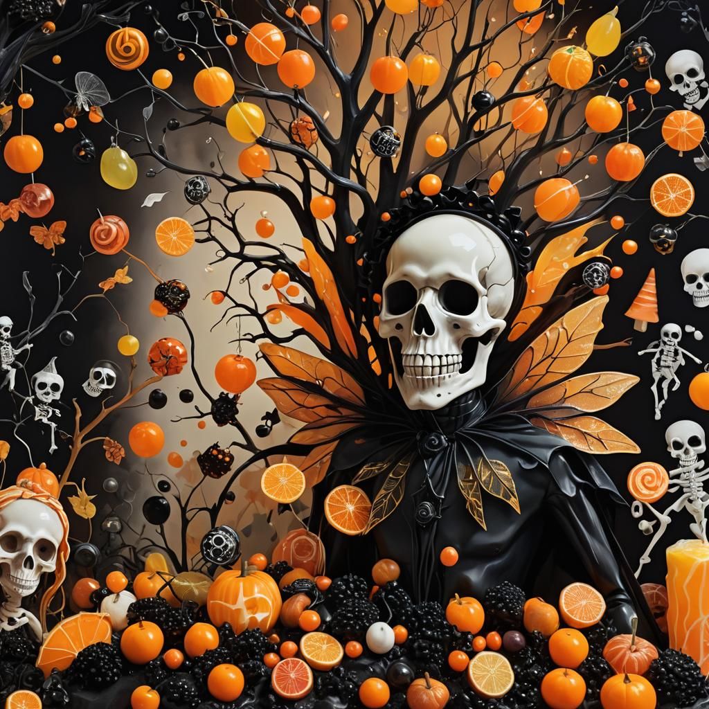 A whimsical, vibrant surrealist scene of a child's Halloween fantasy, featuring a glowing, gnarled autumn tree adorned w...