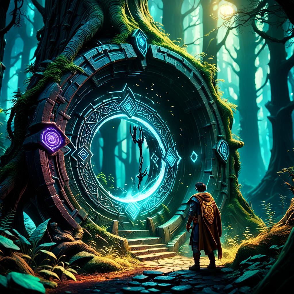 Hero Discovers Glowing Portal in Mystical Forest
