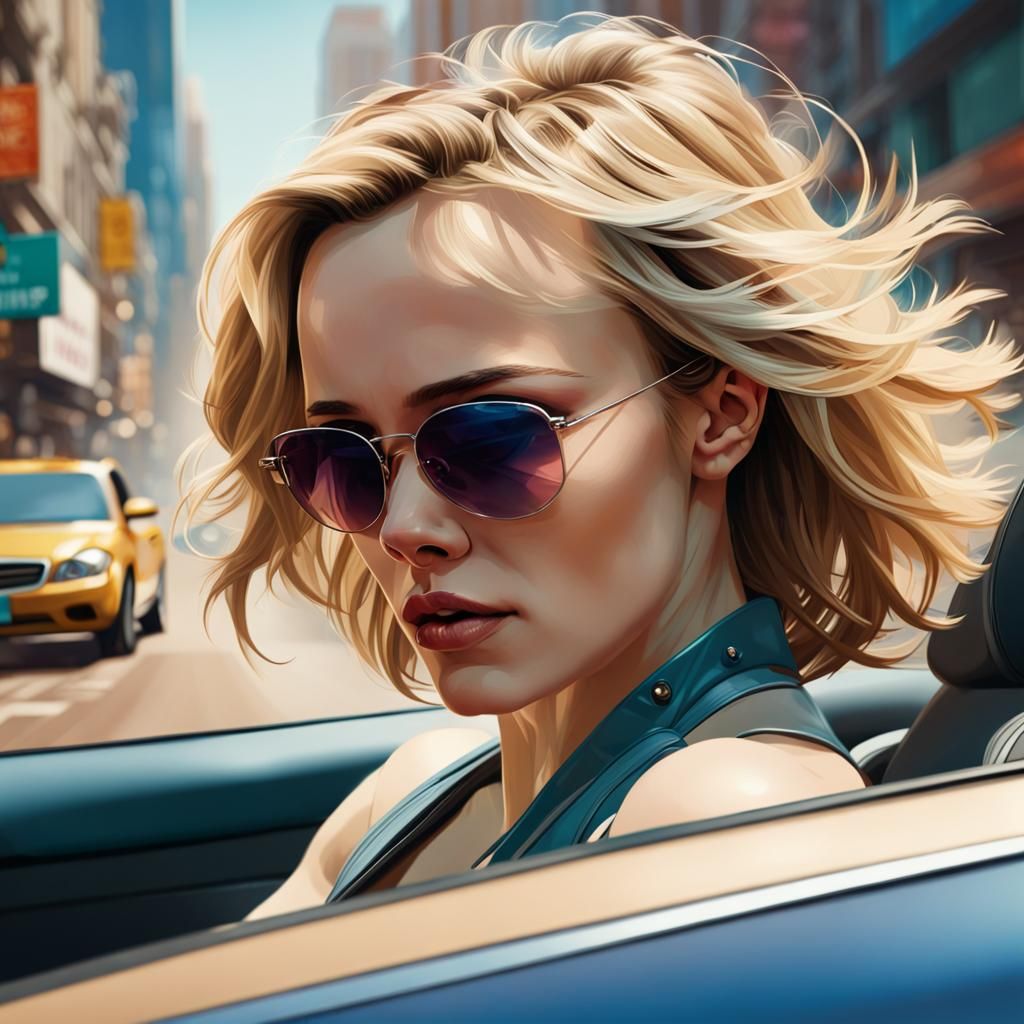 Blonde Woman Driving Car in Hyperrealistic Style