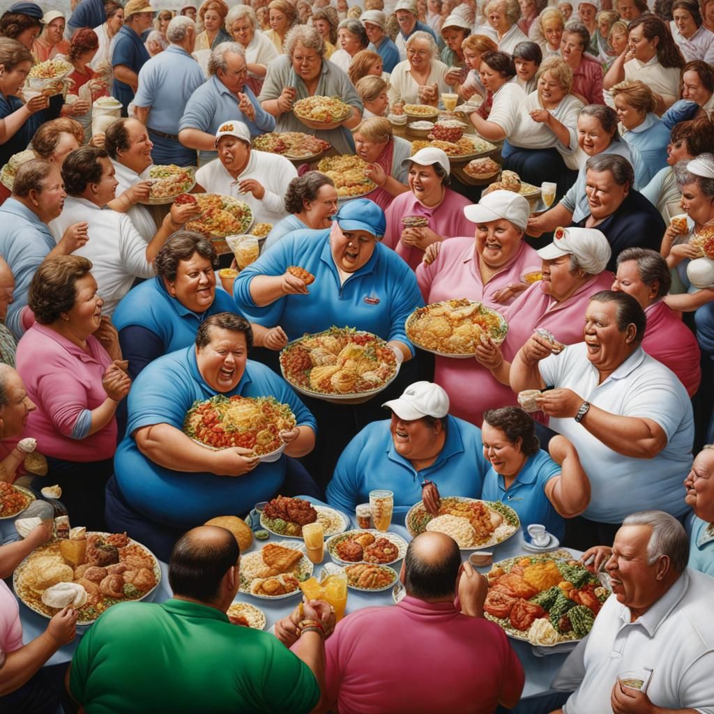 Hyperrealistic Photo of Obese People Eating