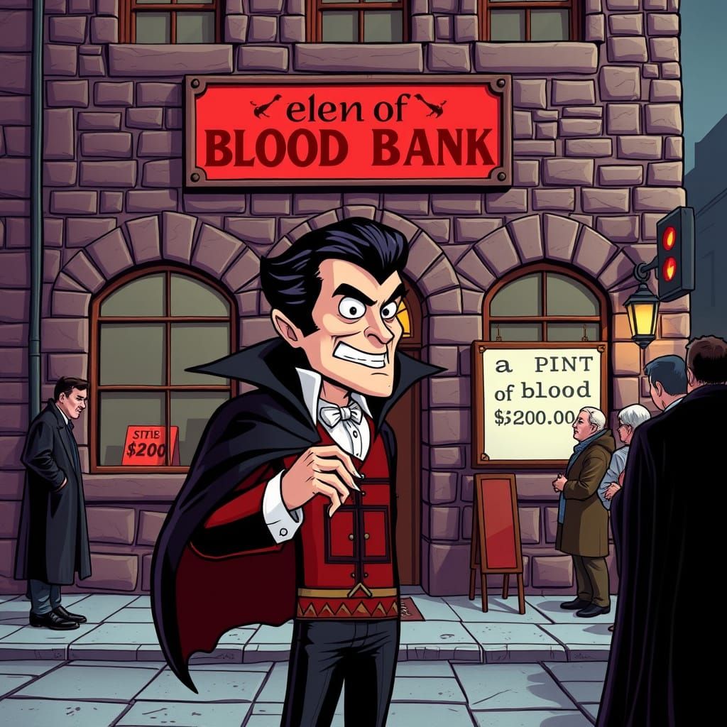 Chic Vampire Count Dracula Lines Up Outside Retro Blood Bank
