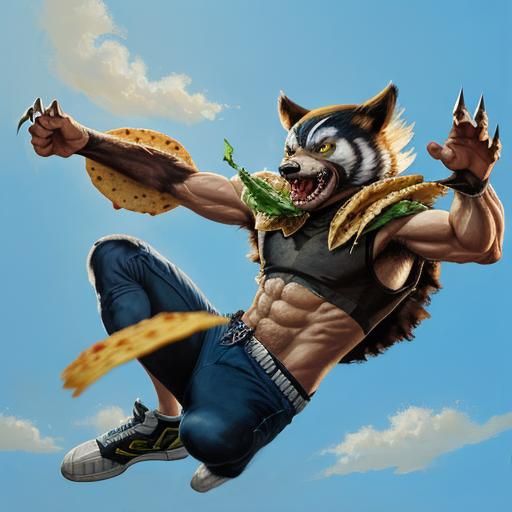 a wolverine eating a taco while jumping on a trampoline