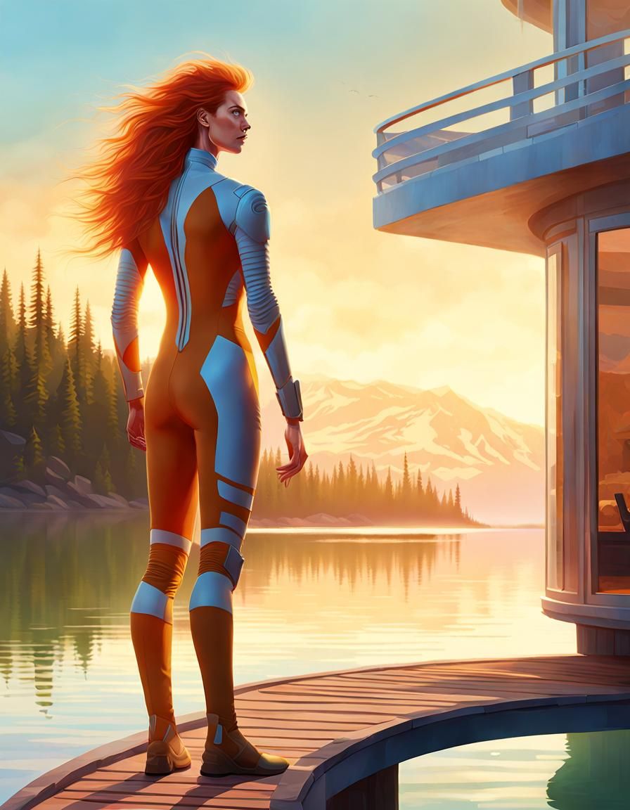 Sci-Fi Woman on Lake House Patio