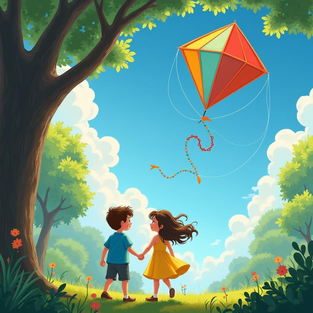 Children Fly Kite in Sun-Drenched Park, Unreal Engine 5
