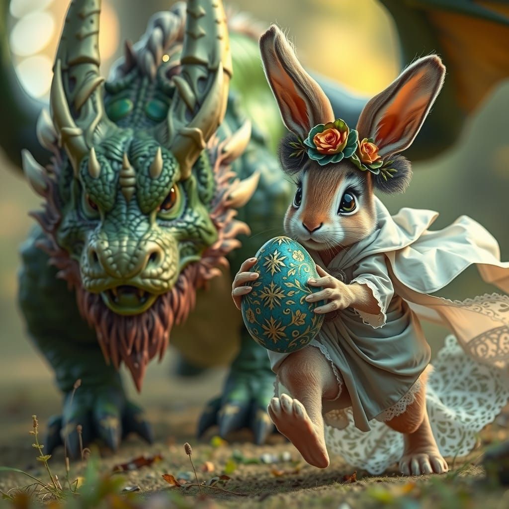 Elegant Rabbit Flees Dragon in Sunlit Forest