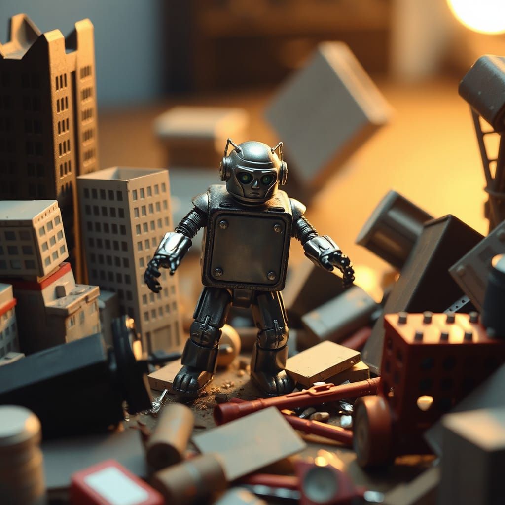 Miniature Robot Rampages Toy City in Hyperrealistic Masterpi...