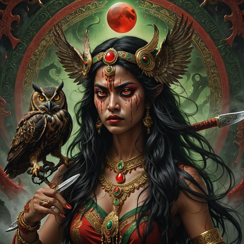 Goddess Kali with Owl and Blood Moon, Digital Art