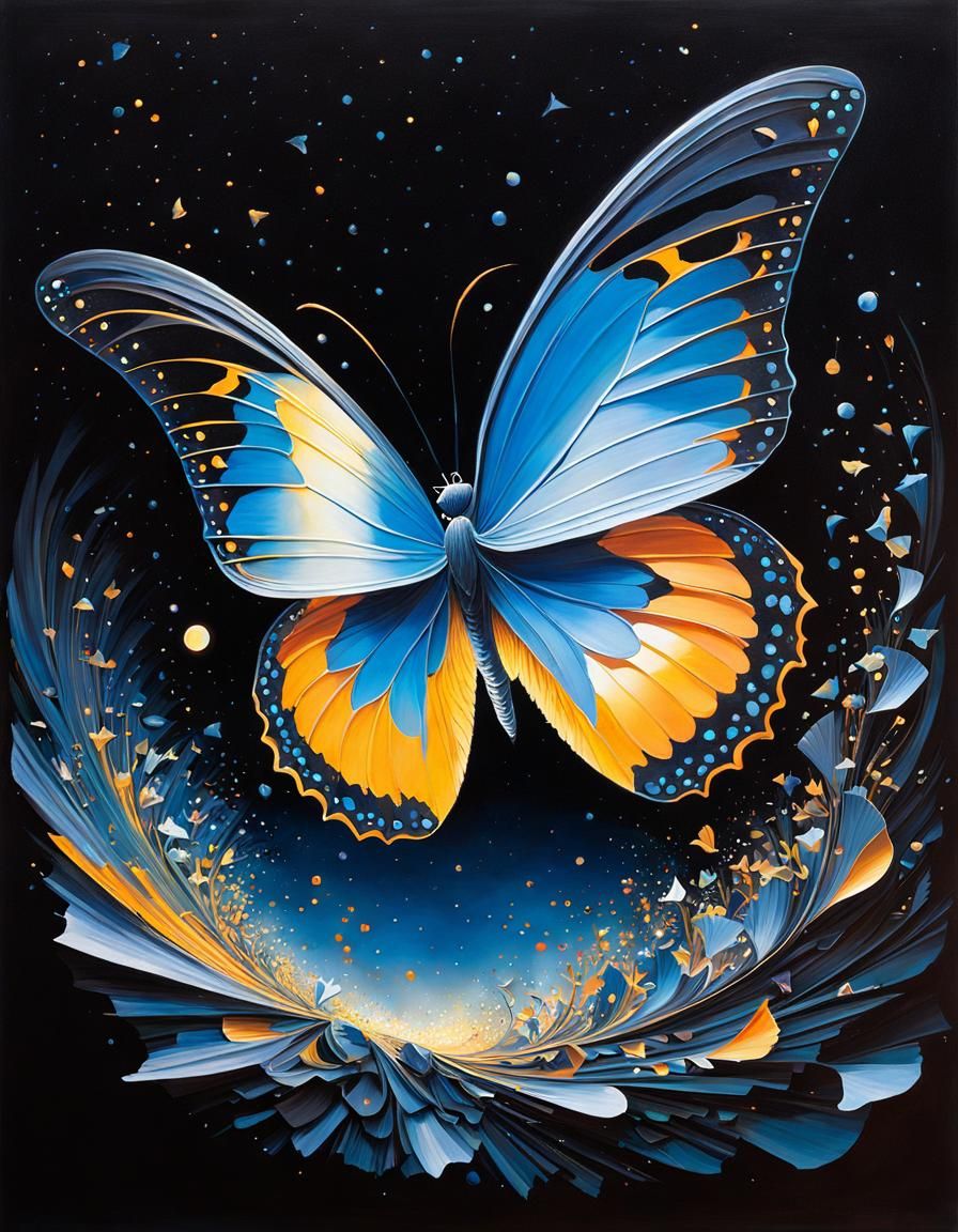 Fragmented Butterfly in Glowing Landscape, Gouache Painting