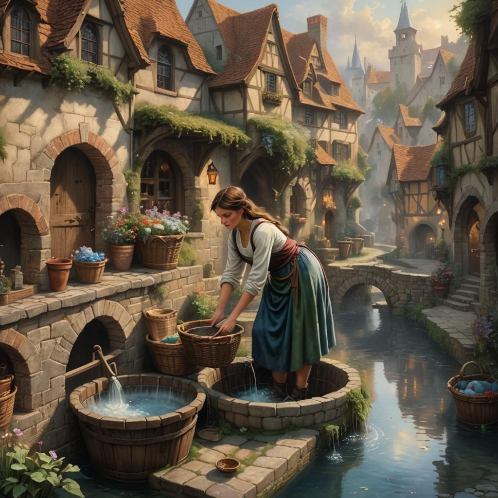 Ethereal Medieval Laundry Scene in Kinkade Style