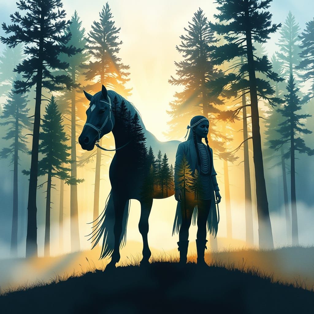 Mystical Forest Horse and Girl Double Exposure Watercolor