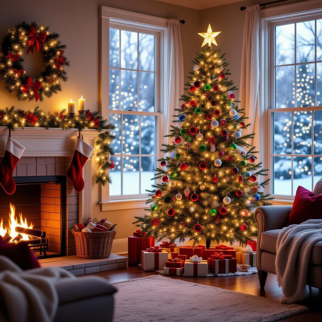 Festive Christmas Tree in Cozy Living Room with Fireplace Gl...
