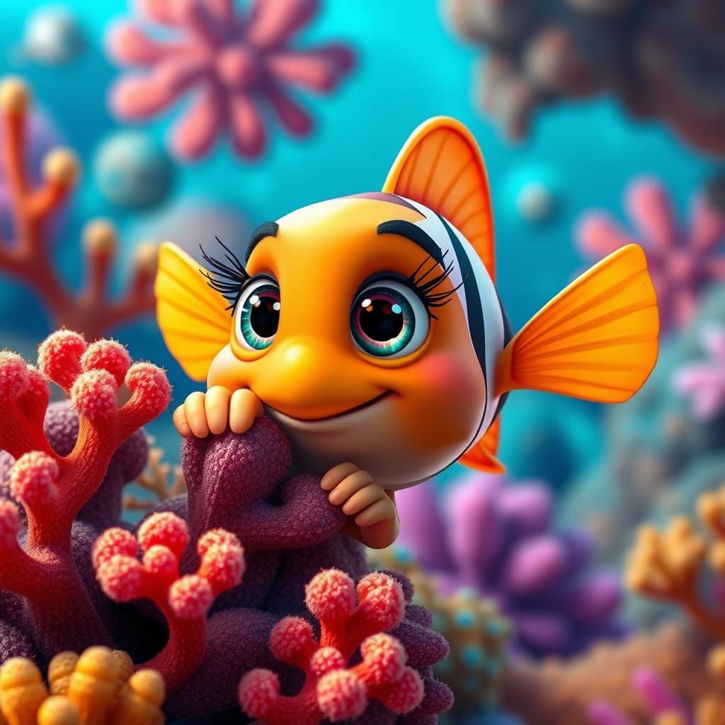 Cartoon Fish Peeking from Coral Reef, Detailed Matte Paintin...