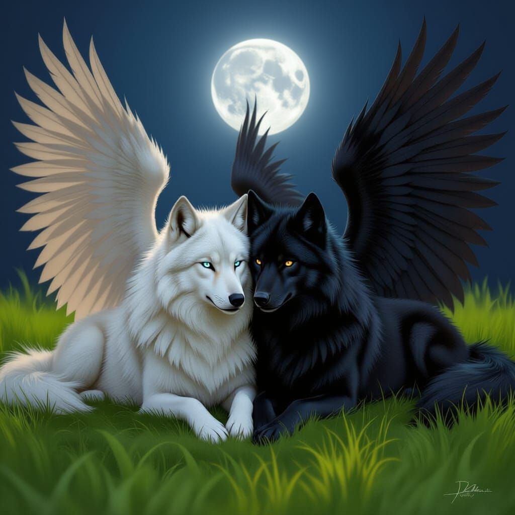 Two Winged Wolves, White and Black, Resting on Grass
