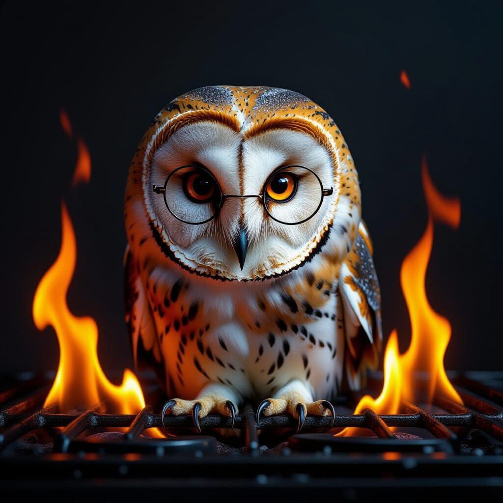 Wise Owl on Grill Under Fiery Flames