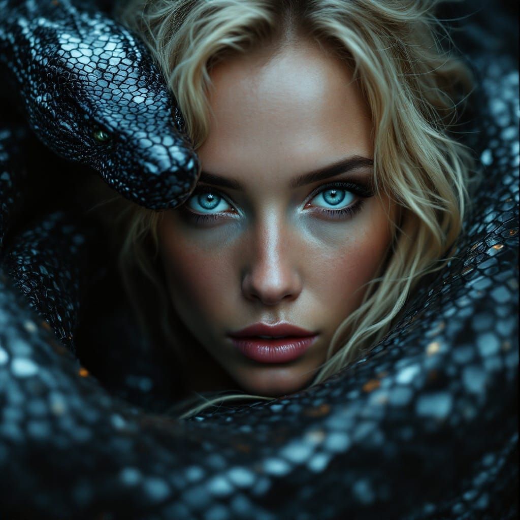 Serene Woman Coiled by a Black Serpent in Cinematic Style