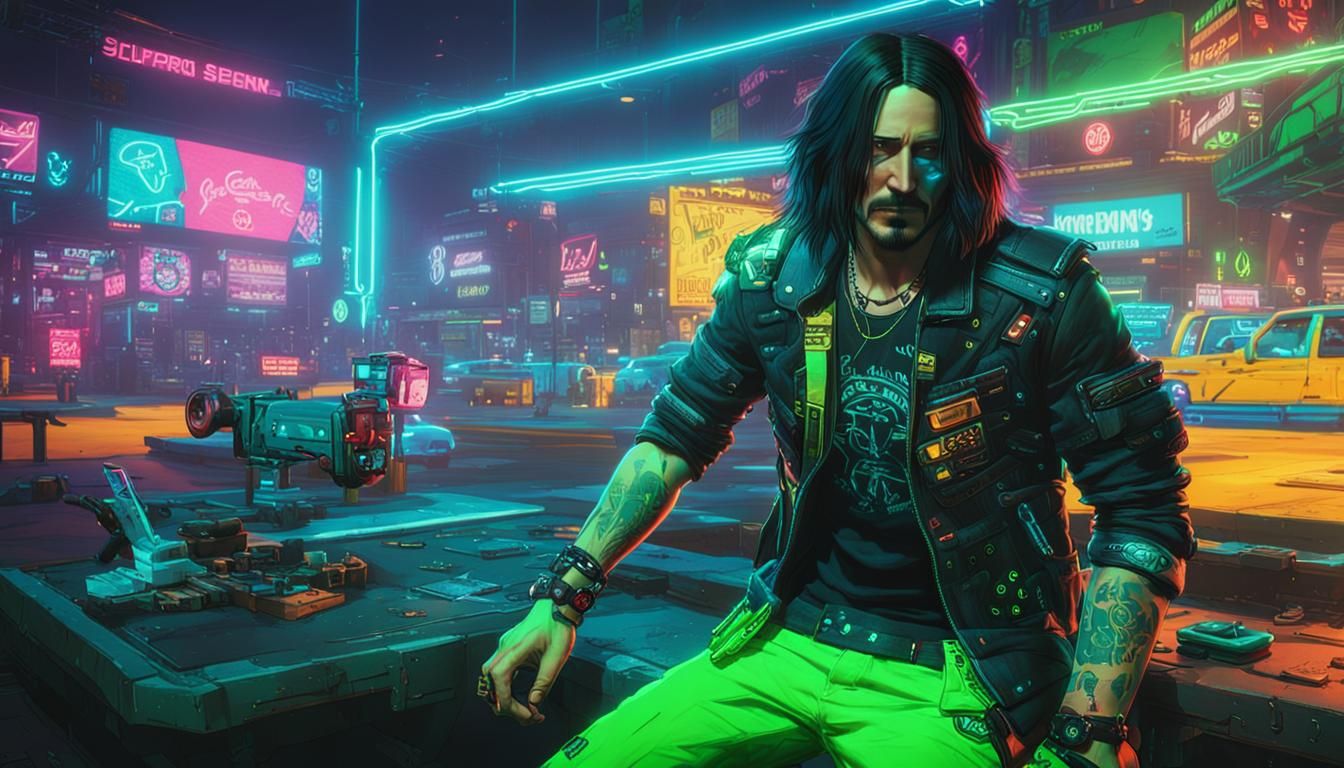 Cyberpunk Figure Glitching in Neon Cityscape