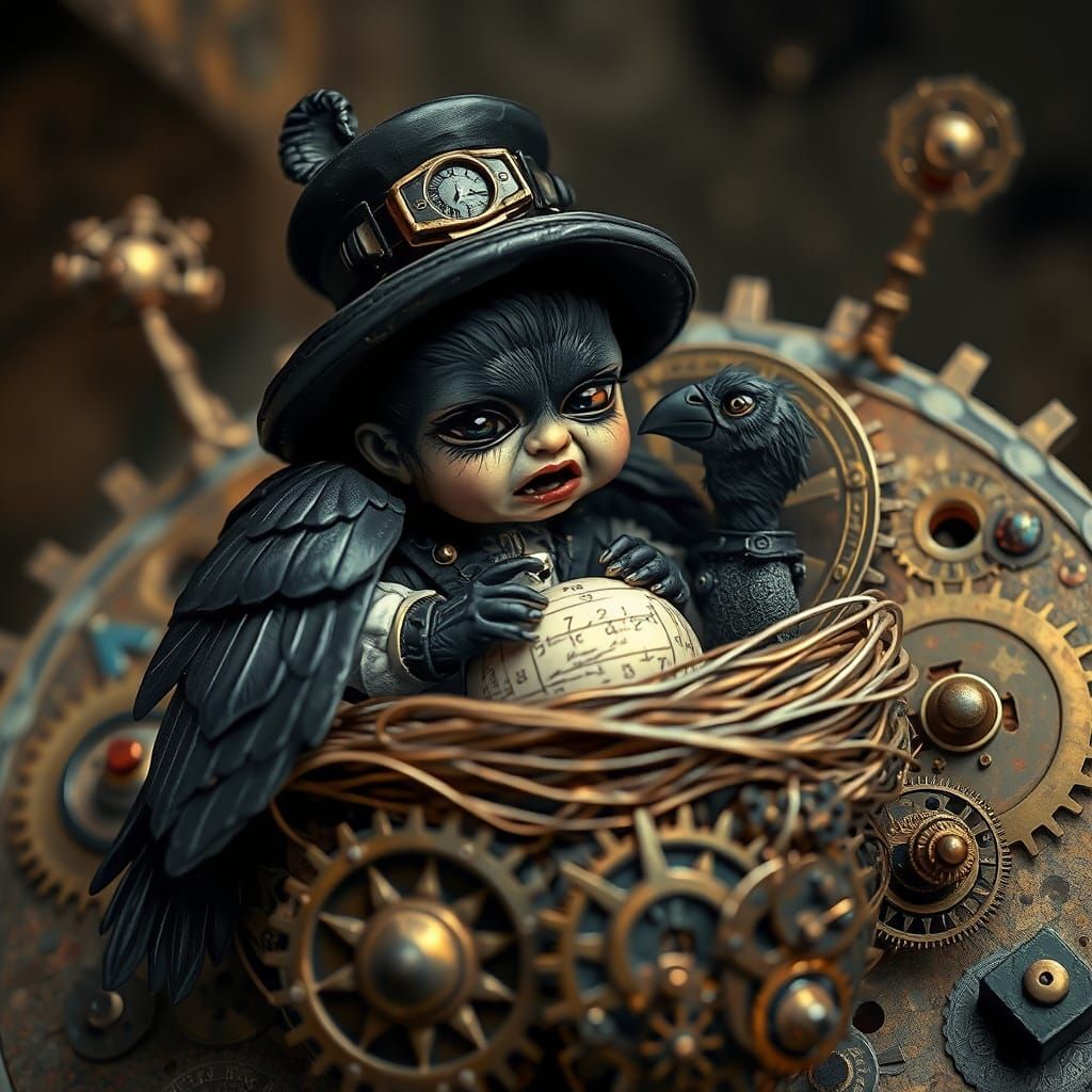 Steampunk Raven on Clockwork Nest, Victorian Style