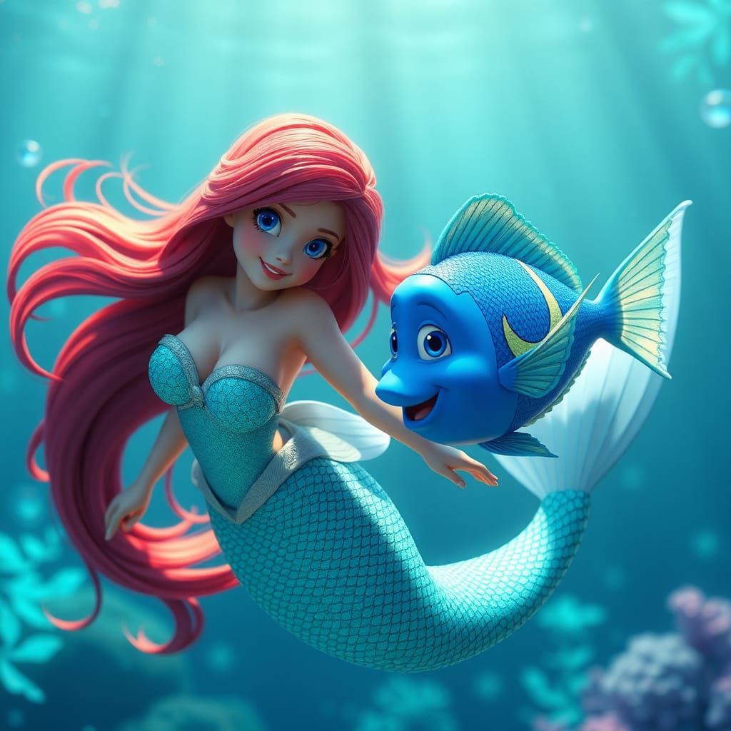 Ariel and Flounder in Vibrant Anime Style