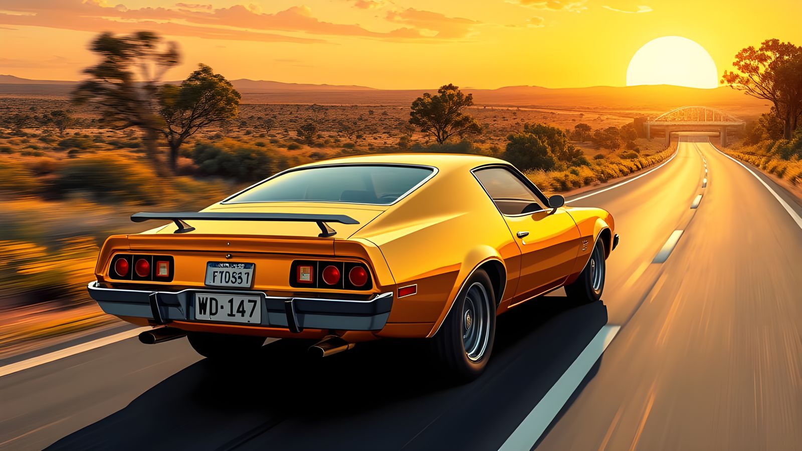 Golden 1980s Muscle Car on Australian Highway