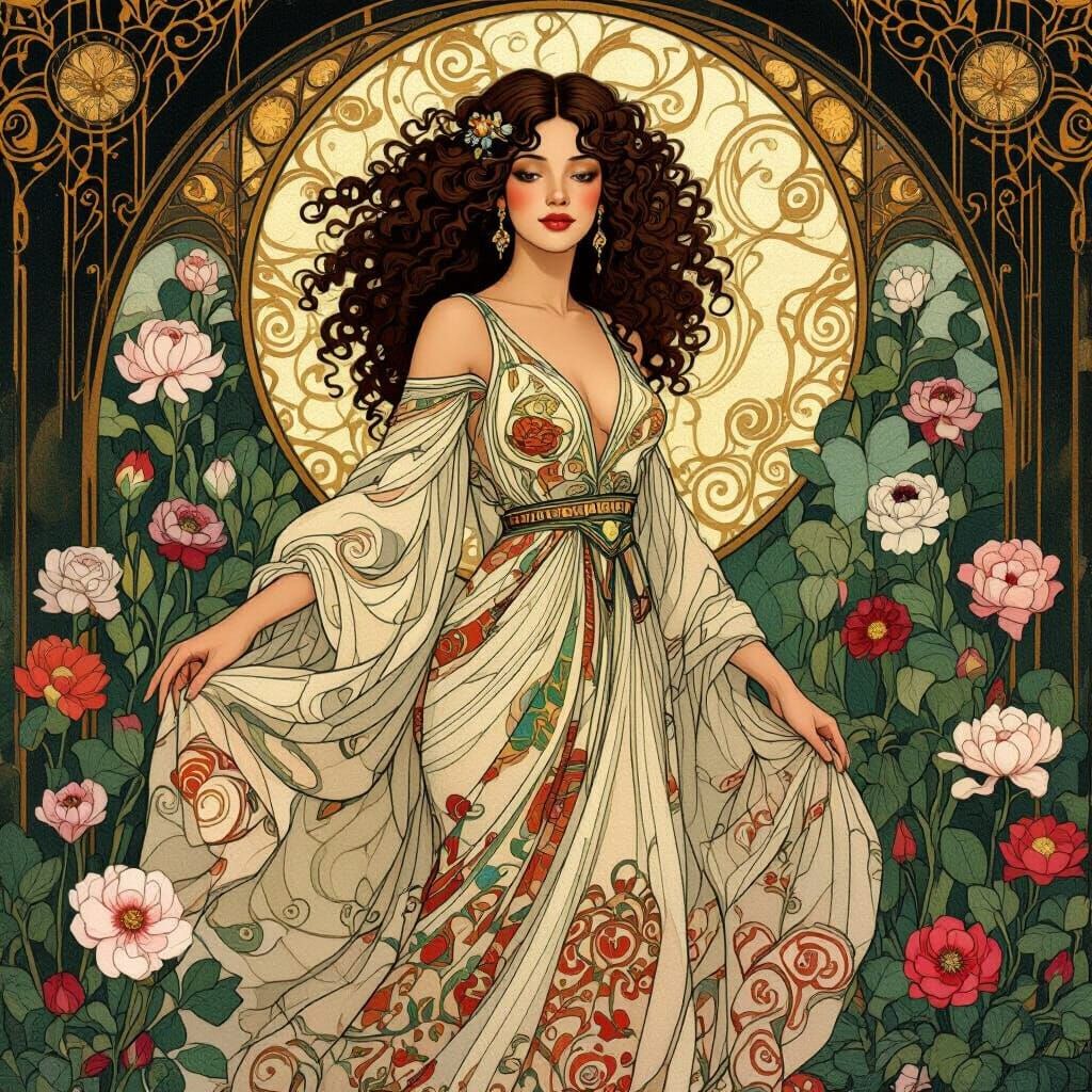 Art Deco Woman with Flowers, Klimt Style