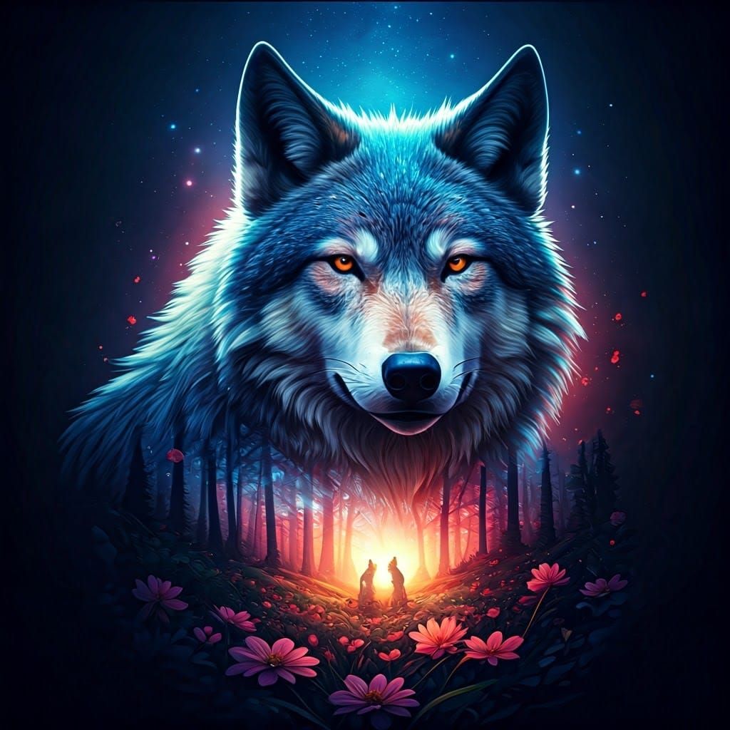 Wolf Double Exposure with Forest and Night Magic