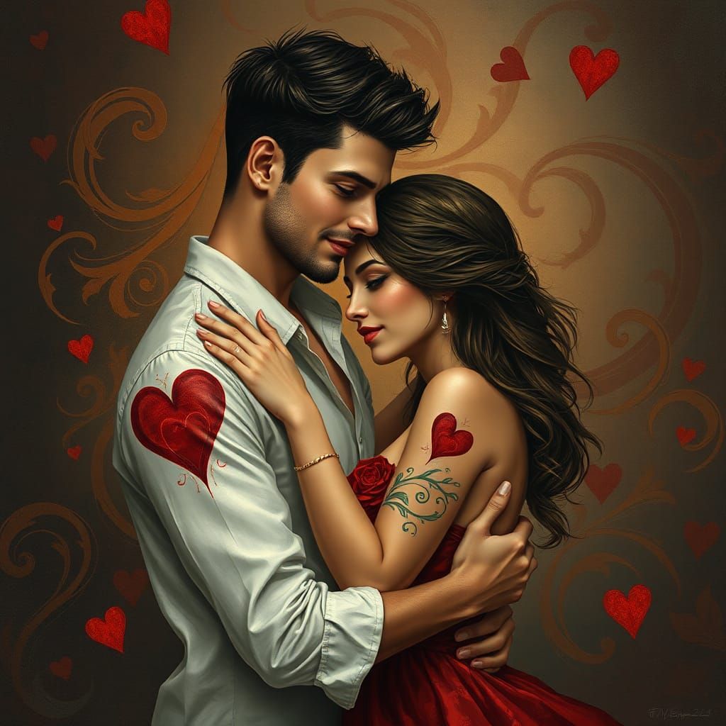 Couple with Heart Tattoos in Dreamlike Setting