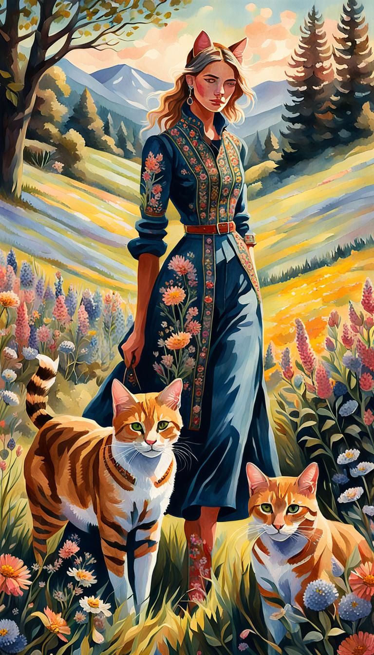 Tabaxi Fashionistas in Gouache Watercolor Meadow