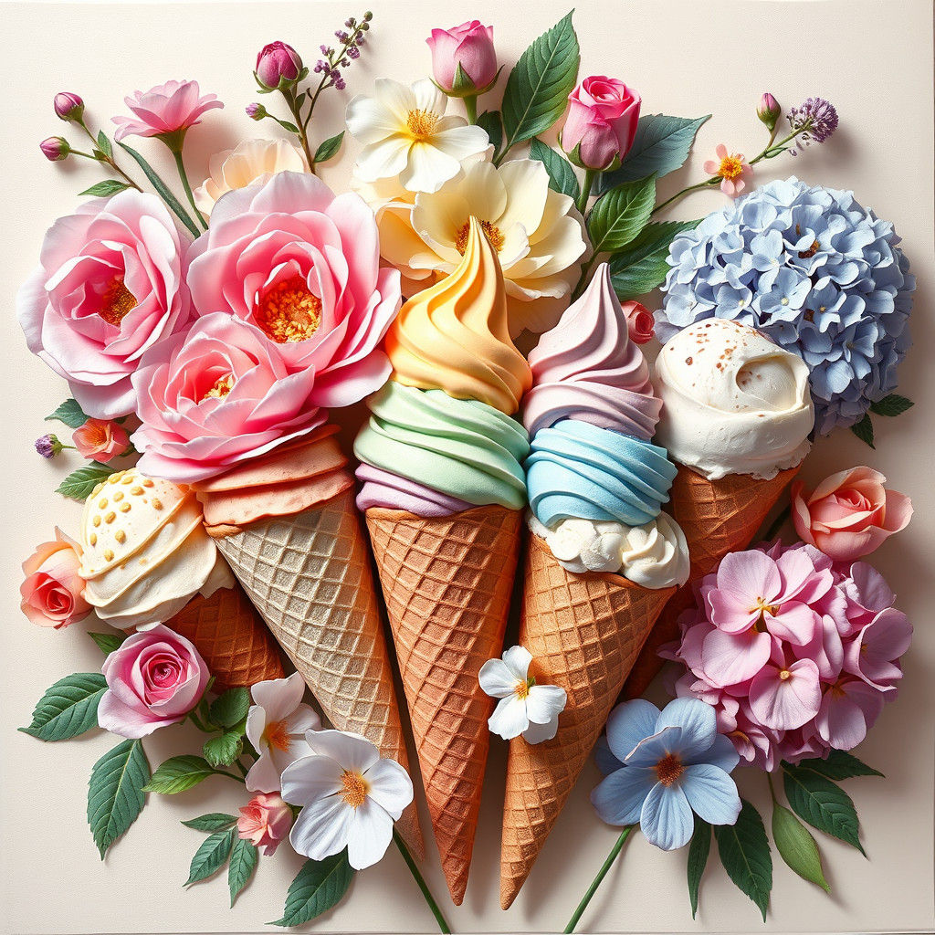 Flowers and Ice Cream Cones in Mixed Media