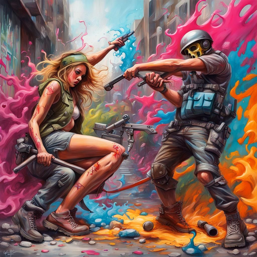 Colorful Graffiti War Scene in Street Art Style