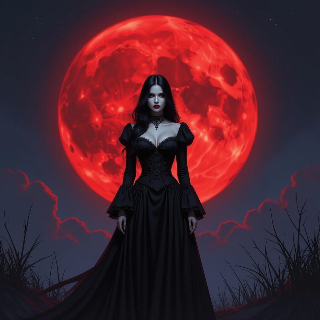 Gothic Vampire Silhouette Before Red Moon, Oil Painting