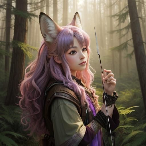 Fox Girl Archer in Forest Clearing: Oil Painting