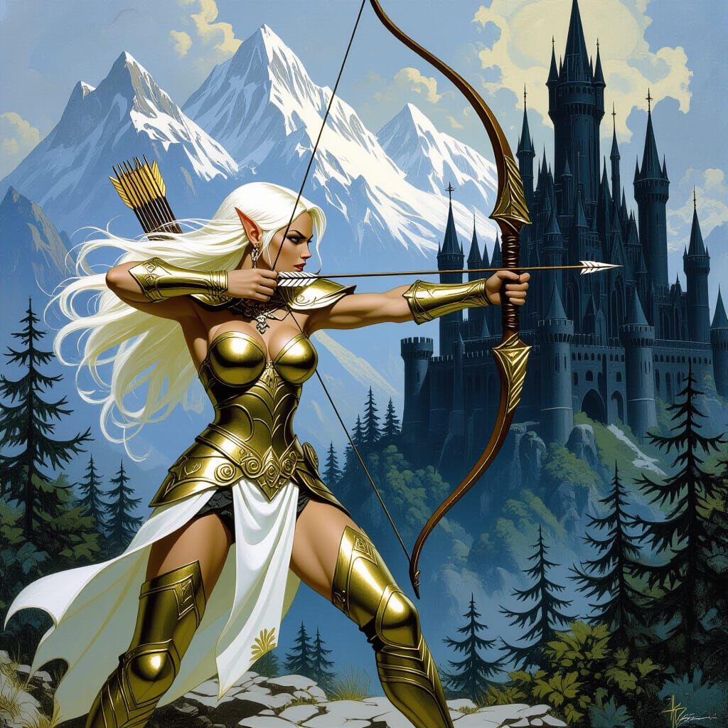 Elven Warrior Woman with Bow in Fantasy Landscape