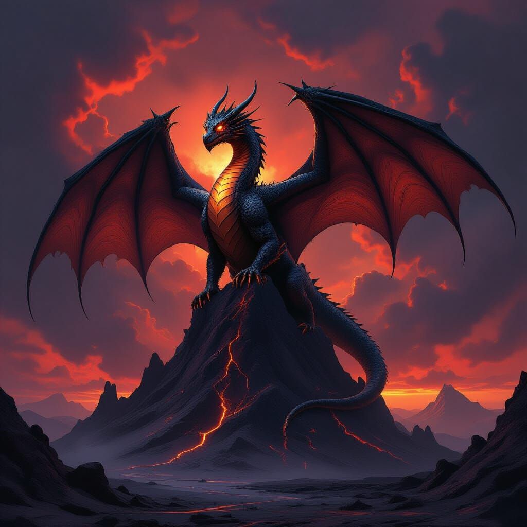 Obsidian Dragon on Volcanic Peak in Dark Fantasy Style