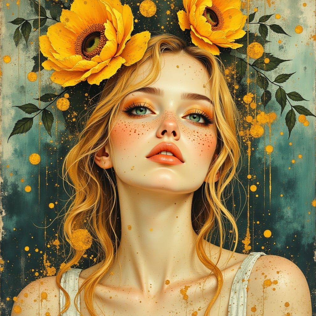 Beautiful Woman with Blonde Hair and Freckles, Detailed Art