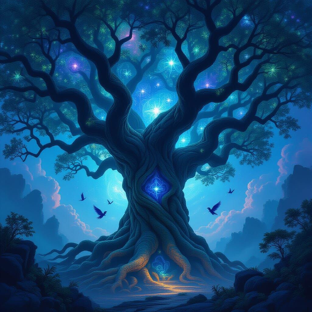 Ancient Labyrinth Tree Under Galactic Sky