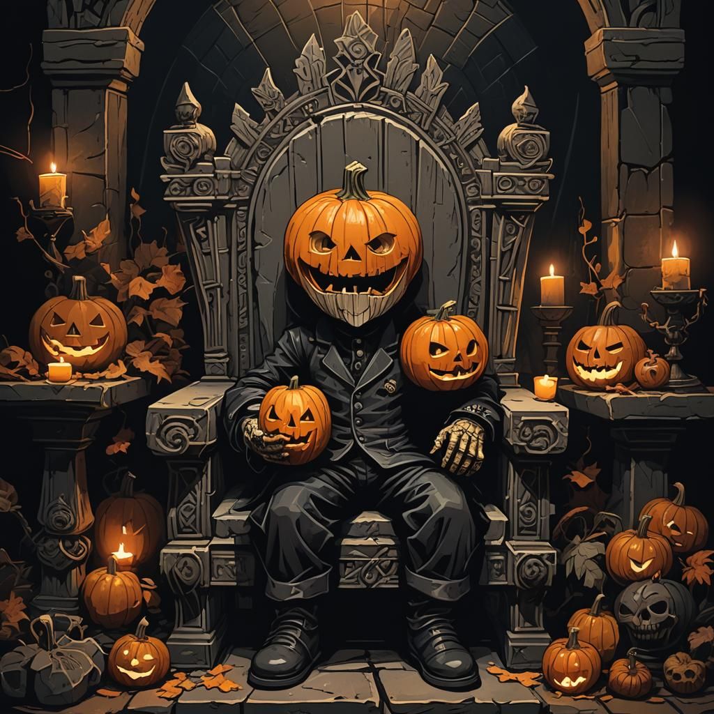 Gothic Pumpkin Baby on Throne in Dark Academia Style
