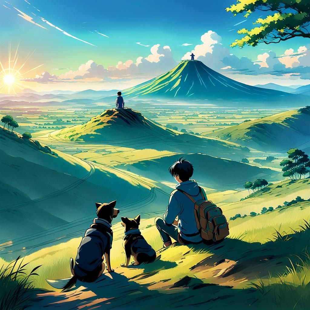 Man and Dog Overlook Countryside, Makoto Shinkai Style