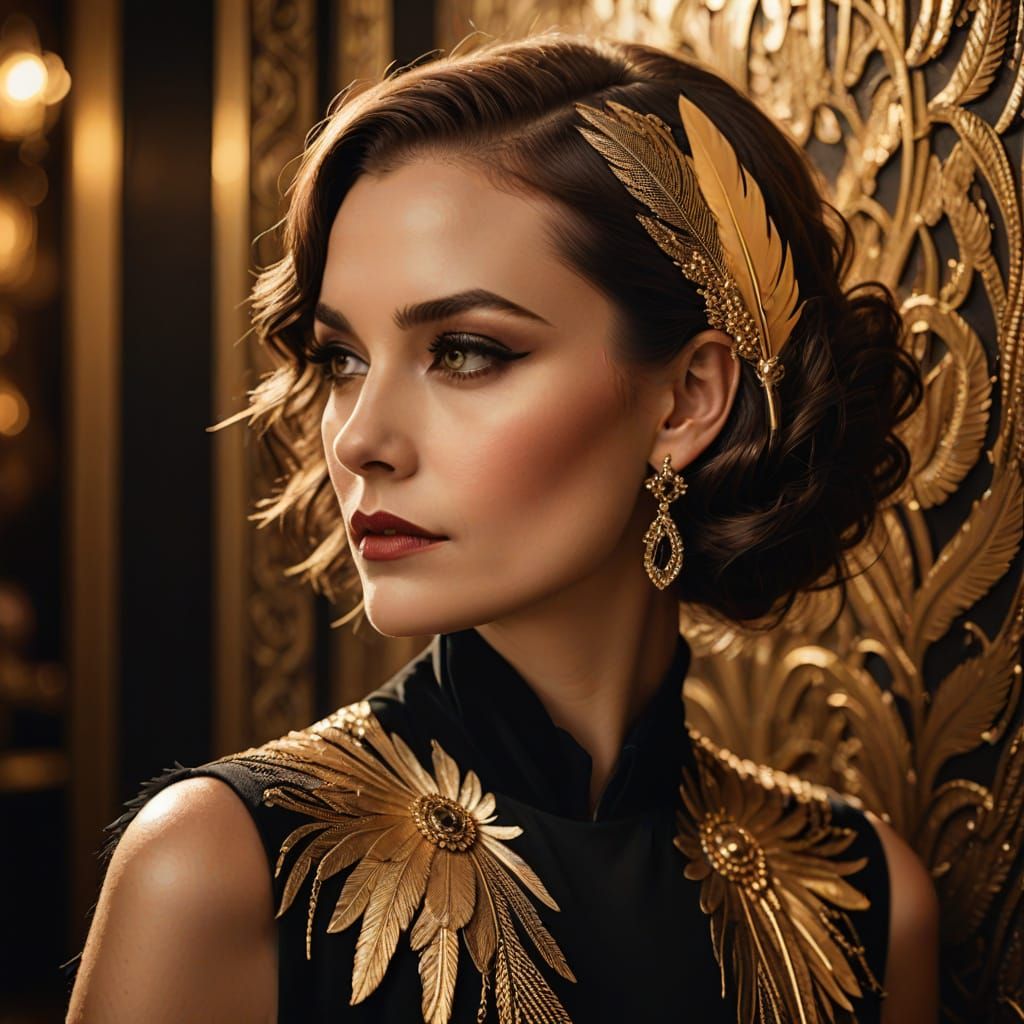 Glamorous Art Deco Portrait of Woman in Black and Gold