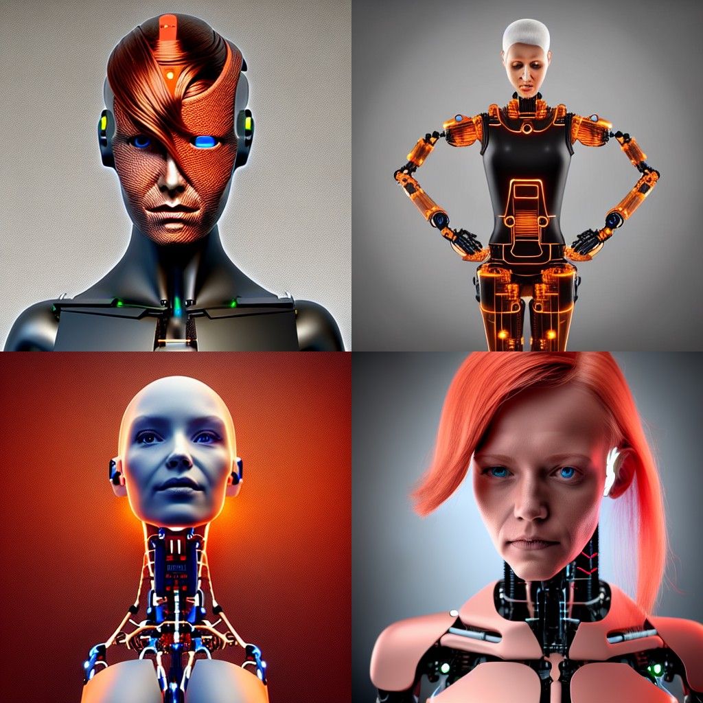 robot with human face, full body angle, face realistic, female head with beautiful firebrick hair, human realistic face,...